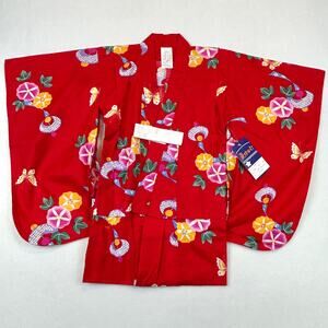 Japanese Summer Yukata Kimono Girls 32”L Red Floral Butterfly New 100% Cotton
